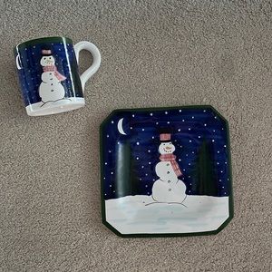 Vintage Talbots 1998 Matching Night Sky Snowman Mug & Cookie Plate